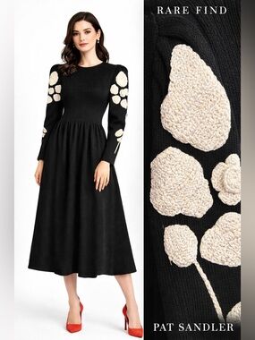 Vintage Pat Sandler Knit‎ Dress 3D Floral Appliqué Puff Sleeve Midi